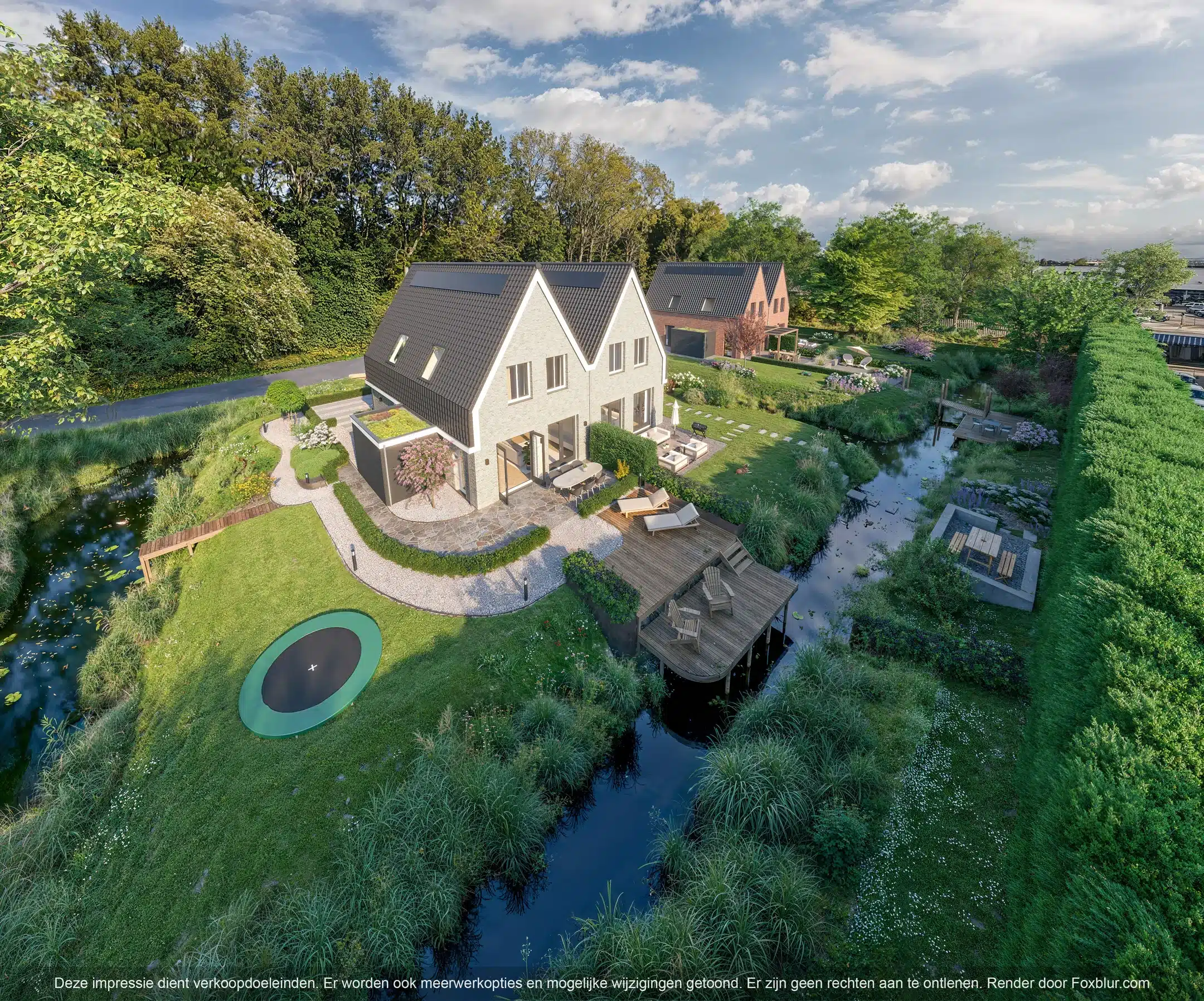Luchtfoto van een moderne vrijstaande woning met tuin aan het water