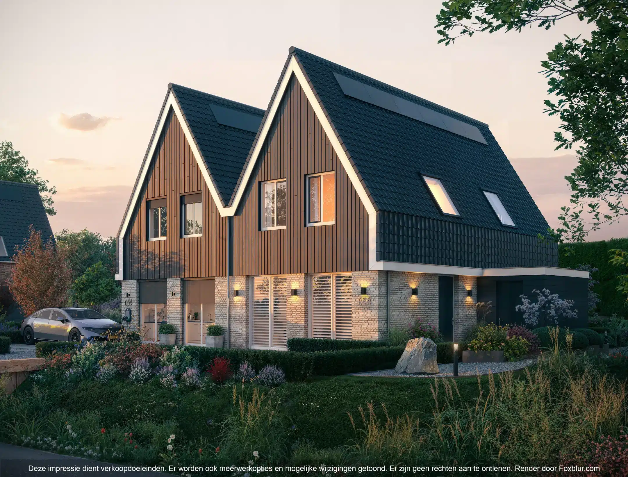 Twee moderne nieuwbouwwoningen met tuin in groene omgeving