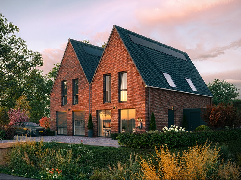 Moderne bakstenen woning met warm licht in de avond
