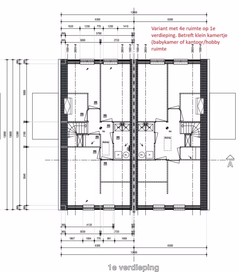 Plattegrond van de eerste verdieping van een twee-onder-één-kapwoning, met slaapkamers, badkamer en een optioneel vierde kamertje als babykamer of kantoor