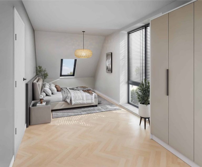 Moderne slaapkamer met lichte inrichting, houten vloer en grote kledingkast in woning in Leusden.