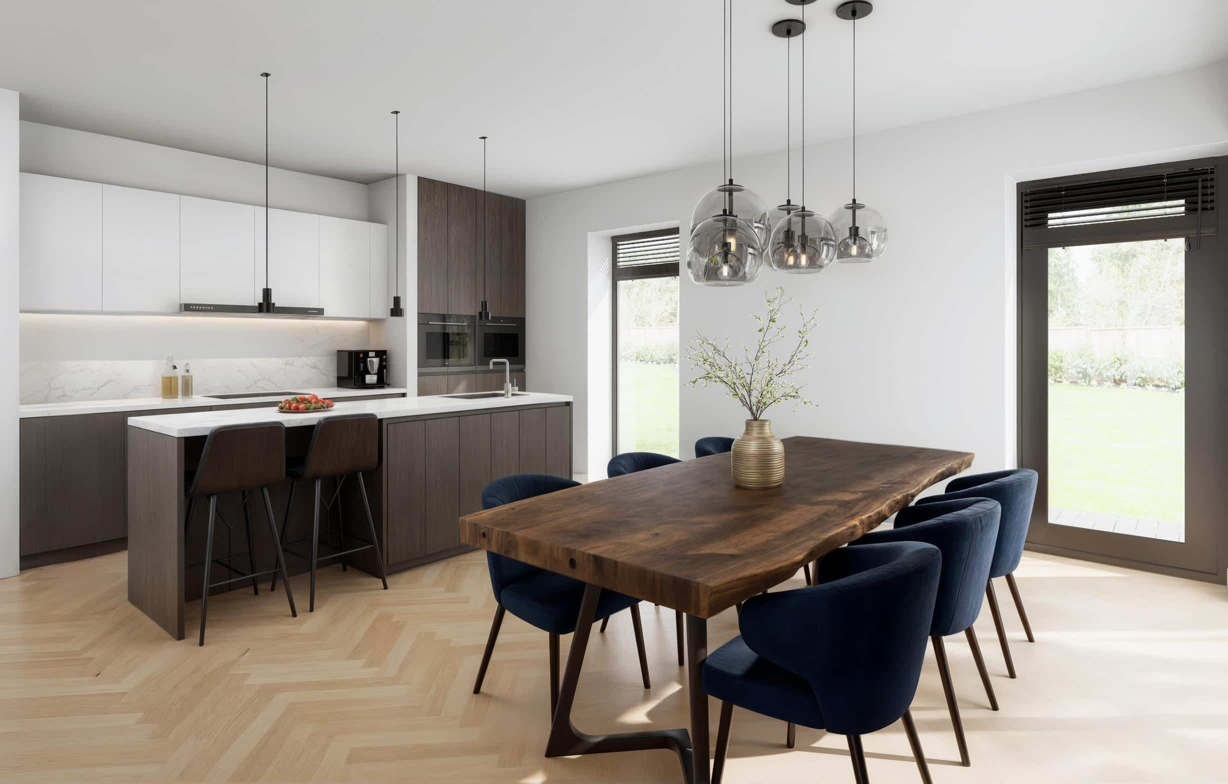 Moderne woonkamer met open keuken, houten eettafel en veel daglicht in woning in Leusden.