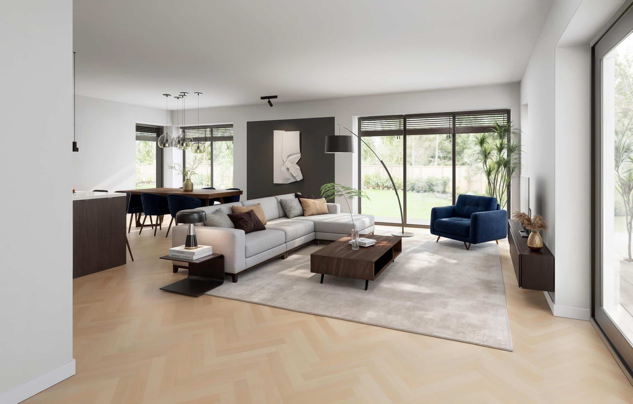 Ruime moderne woonkamer met open leefruimte, grote ramen en luxe inrichting in woning in Leusden.