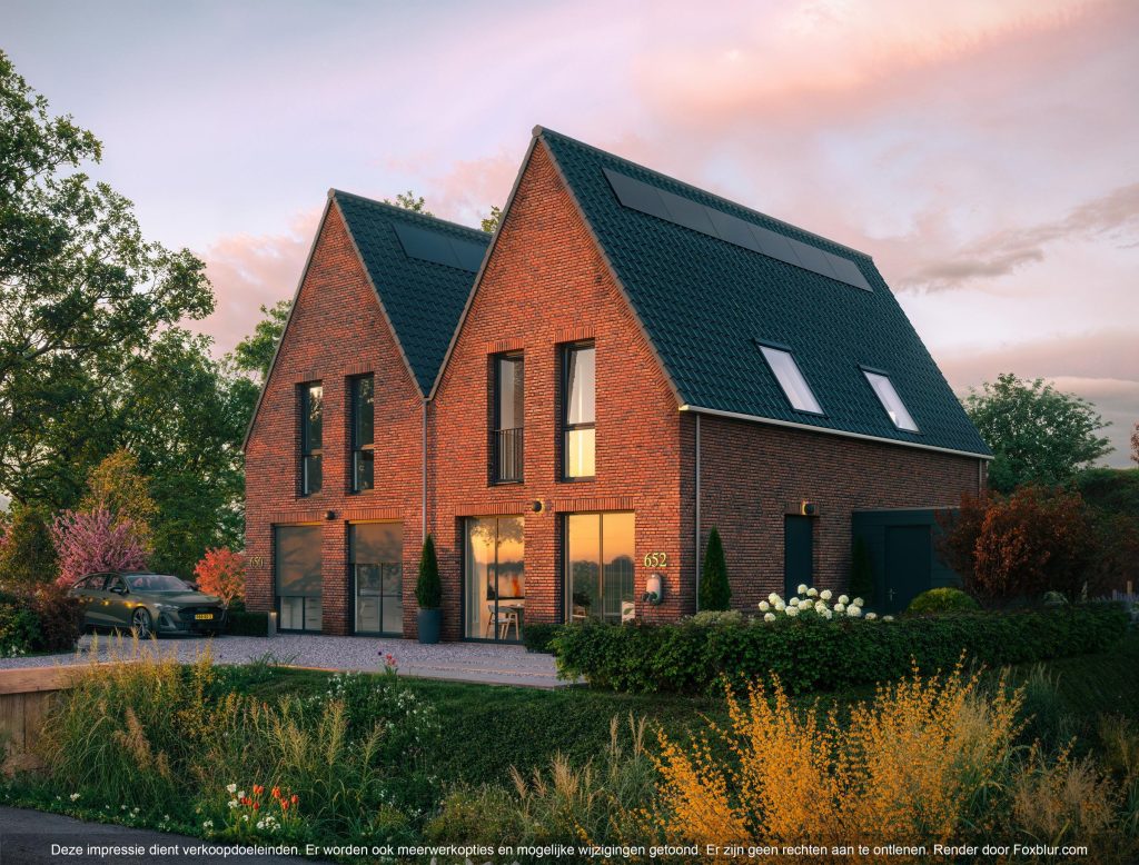 Moderne bakstenen woning met warm licht in de avond