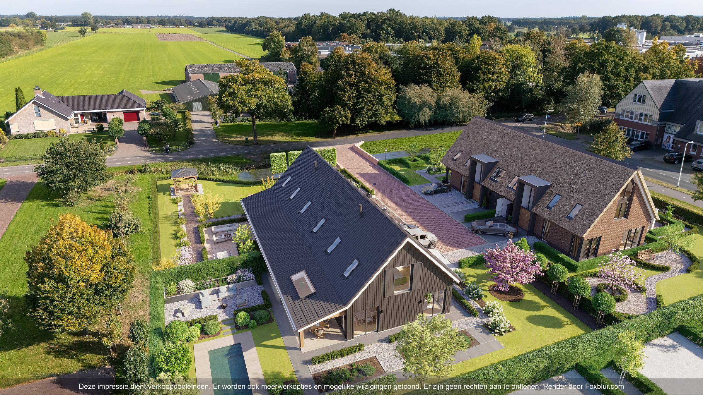 Luchtfoto van moderne woningen met groene tuinen