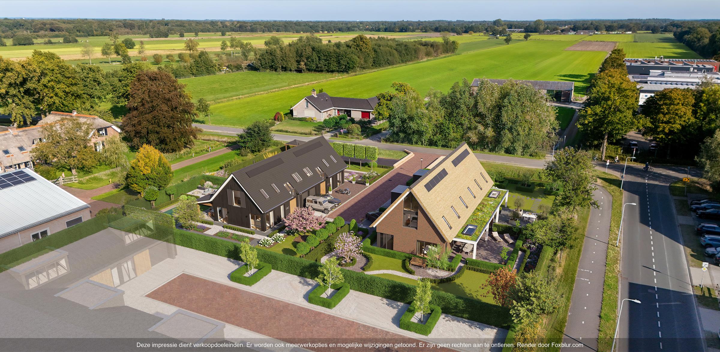 Luchtfoto van moderne woningen en landelijke omgeving in Leusden.