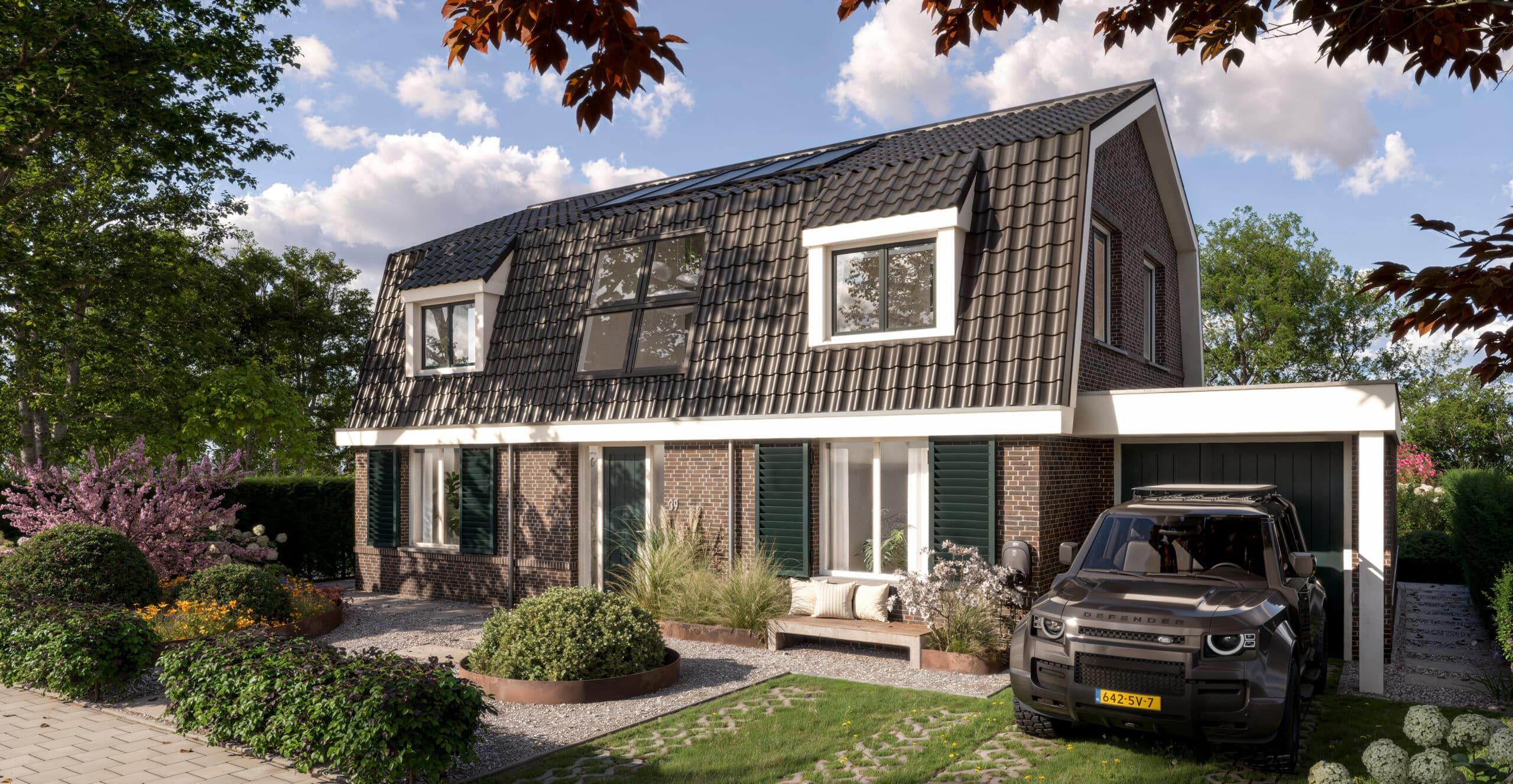 Voorzijde van luxe villa met tuin en oprit