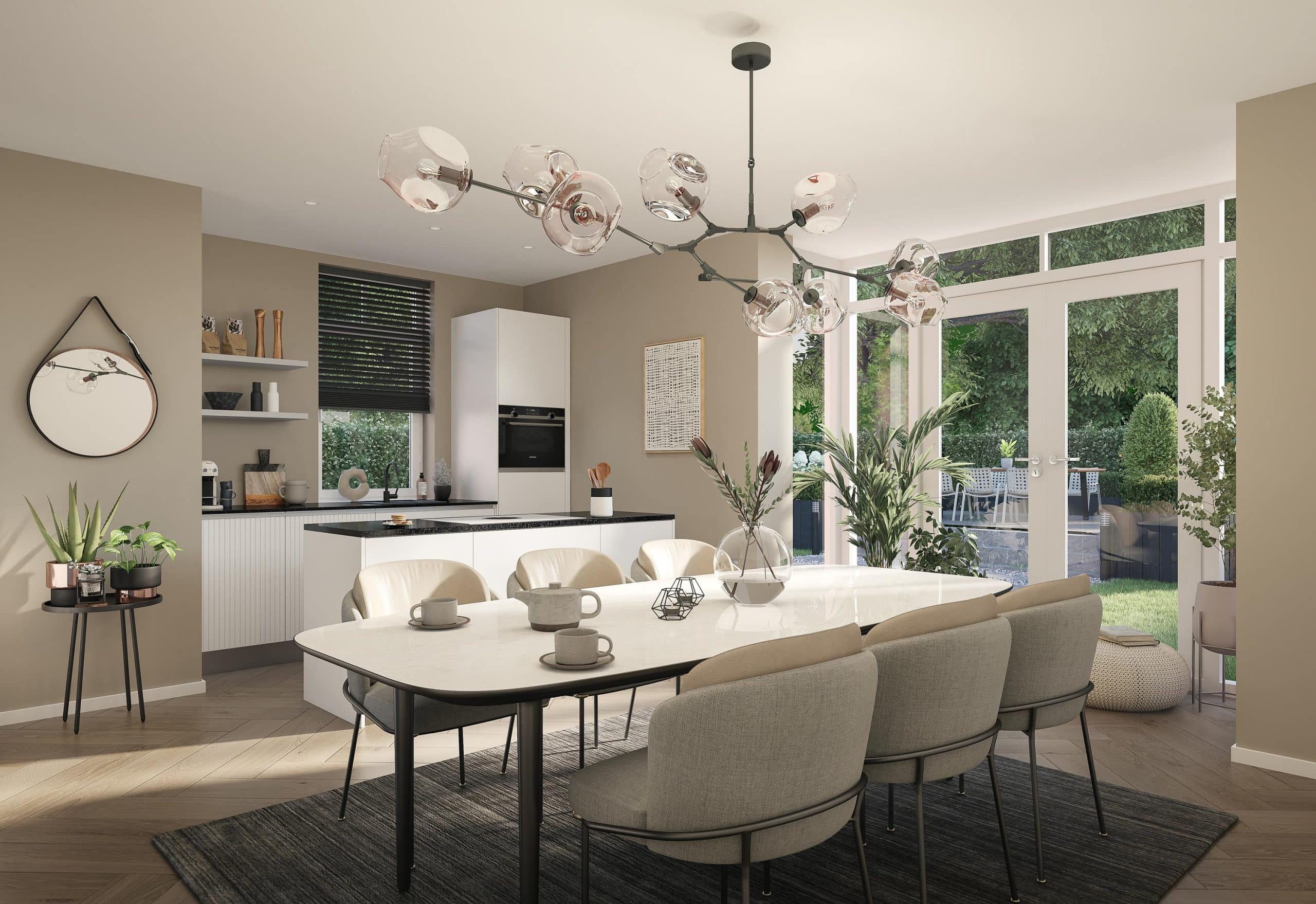 Moderne keuken met eetkamer en uitzicht op tuin