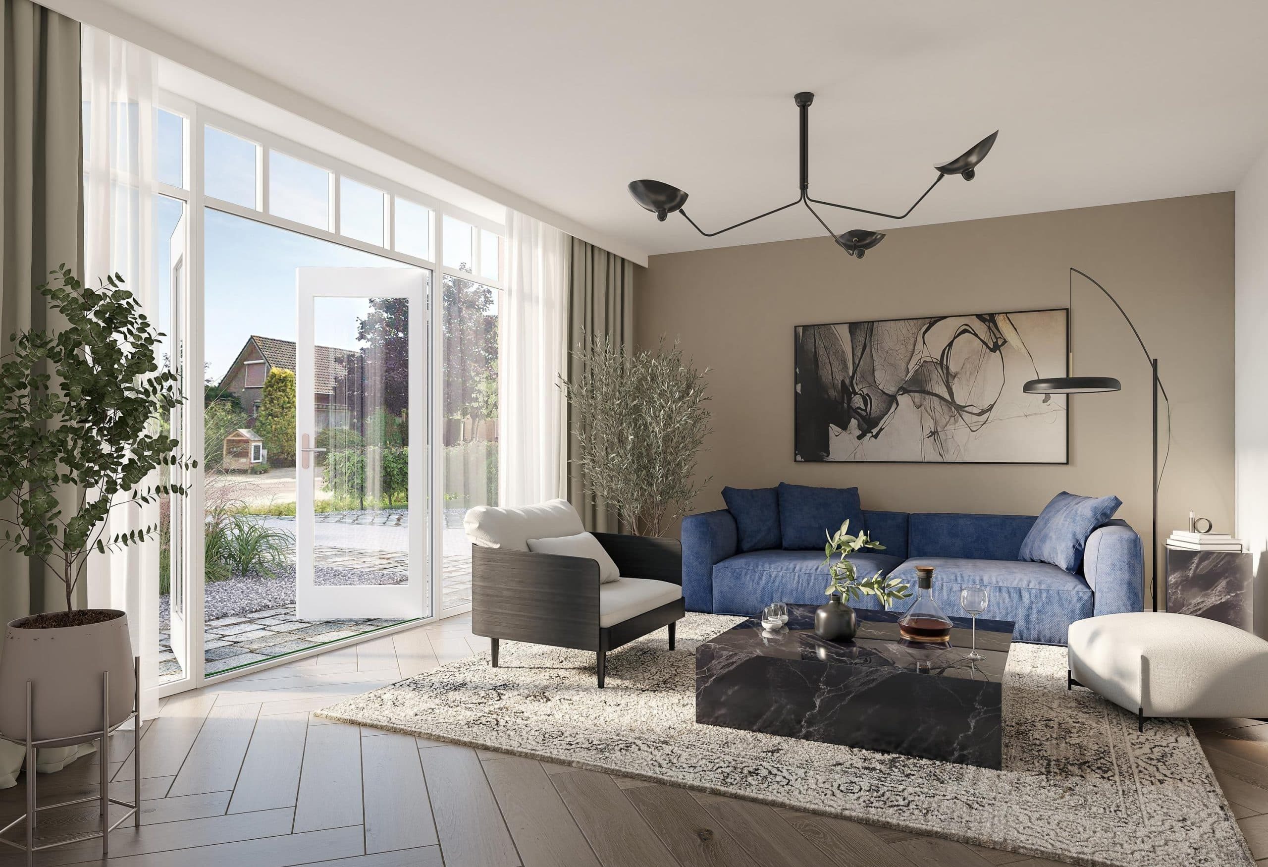 Moderne woonkamer met blauwe bank en veel daglicht