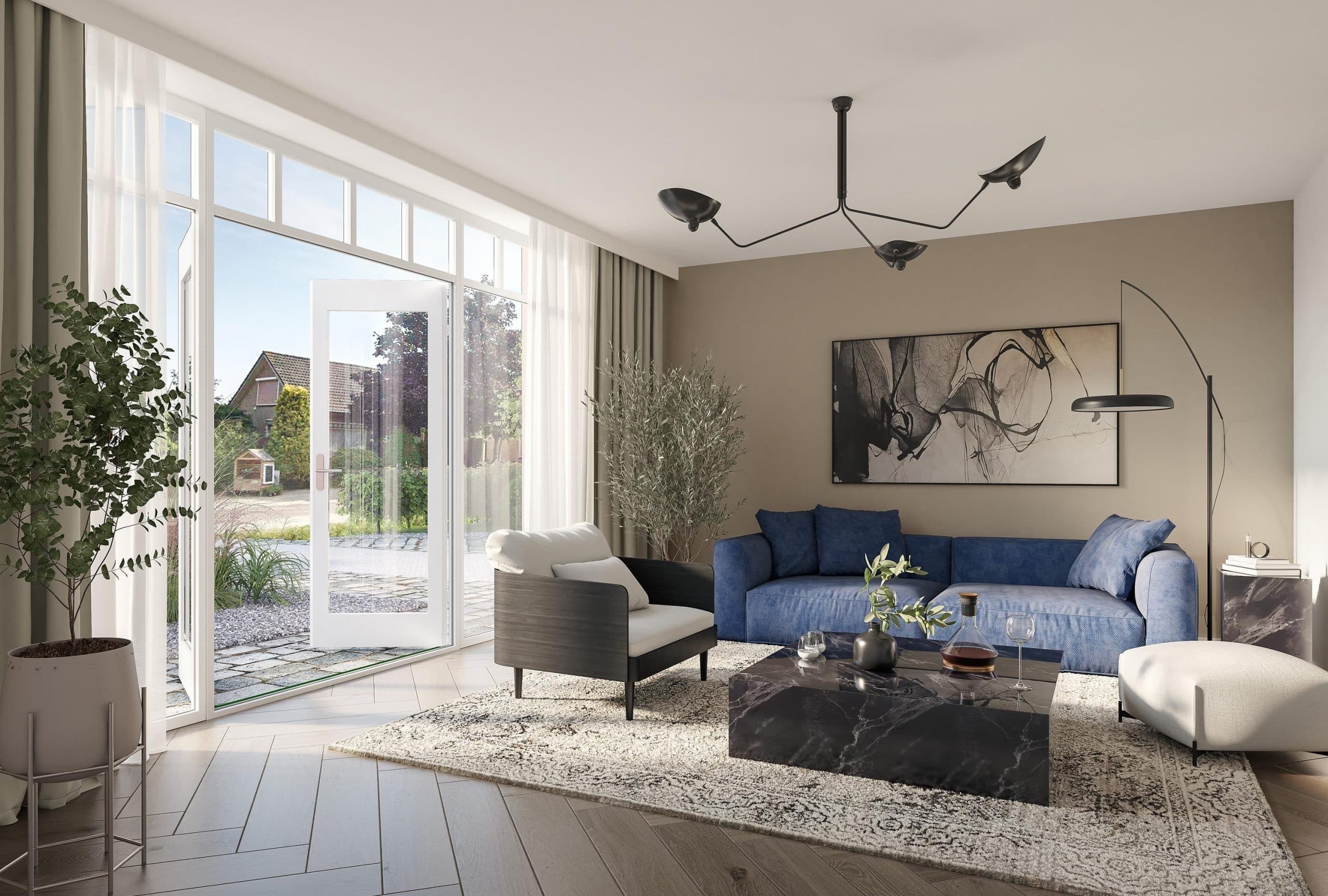 Moderne woonkamer met blauwe bank en veel daglicht