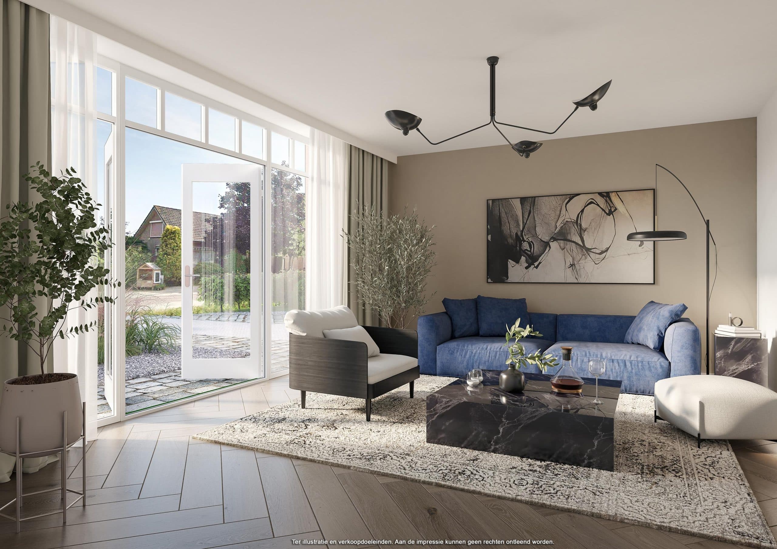 Moderne woonkamer met blauwe bank en veel daglicht