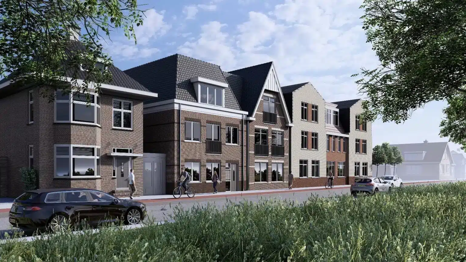 Moderne woningen aan het water in groene woonwijk